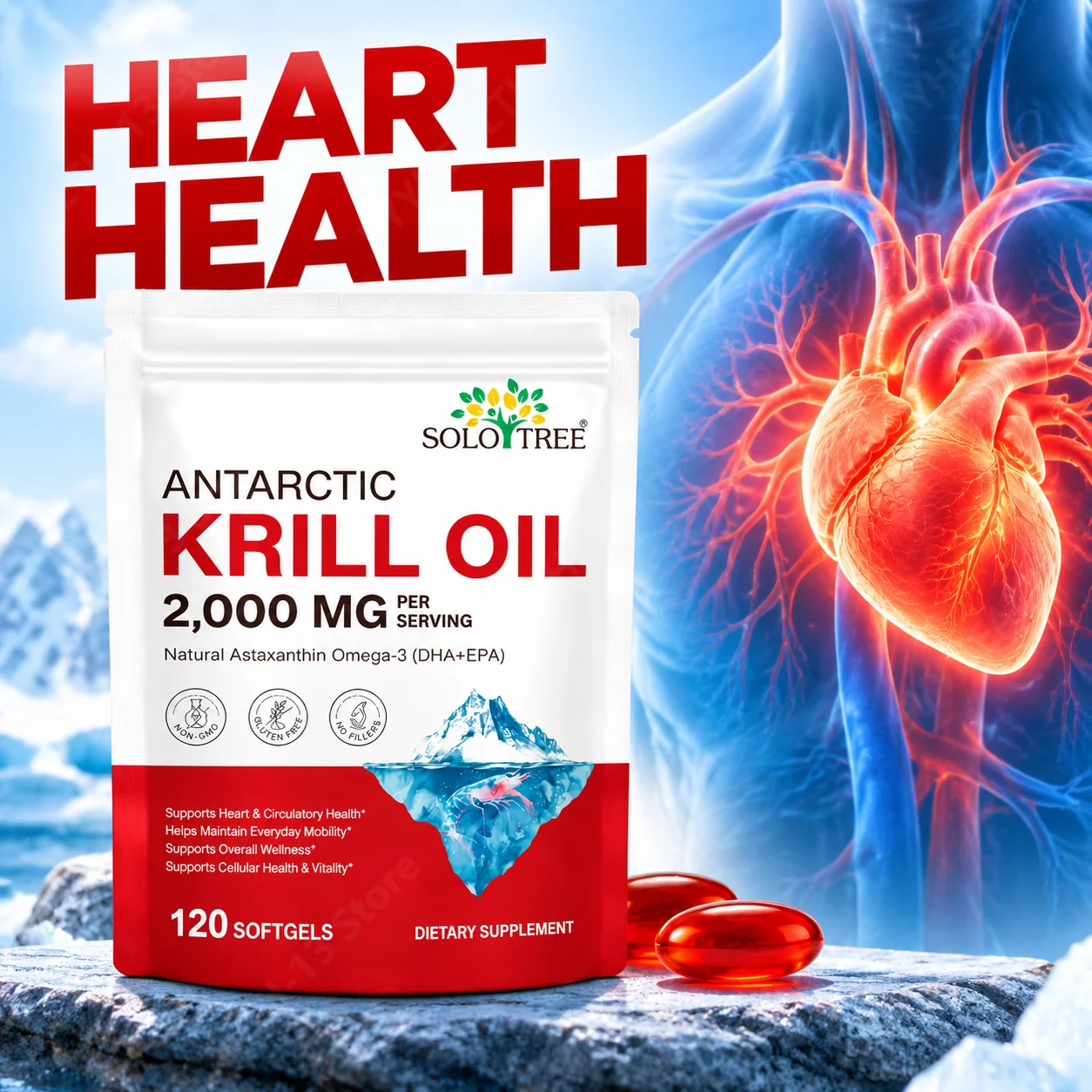 Antarctic Krill Oil Promote Growth Heart Health Enhance Focus Anti Fatigue Increse Energy with Natural Astaxanthin 120 Softgels
