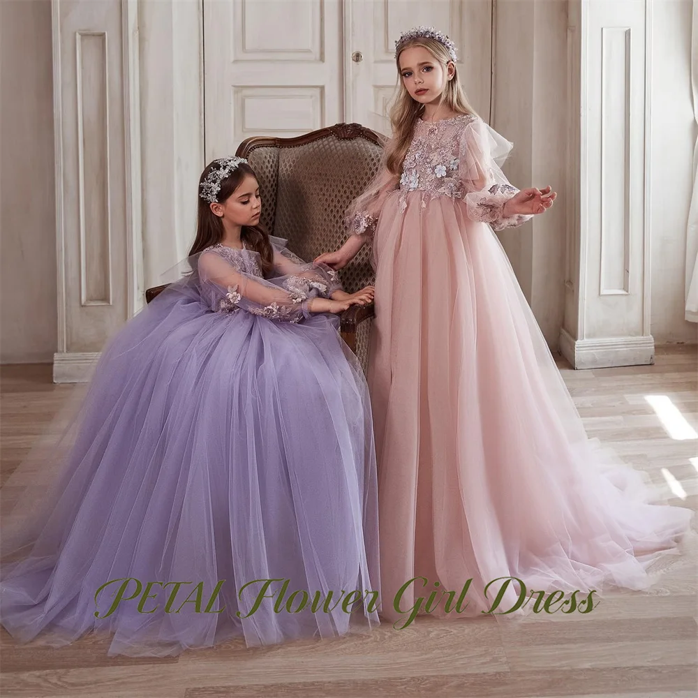Petal Lavender Purple Princess Girls Dress Round Neck Long Sleeve Ball Gown Party Tutu Dresses 3D Floral Tutu Fluffy Prom Gown