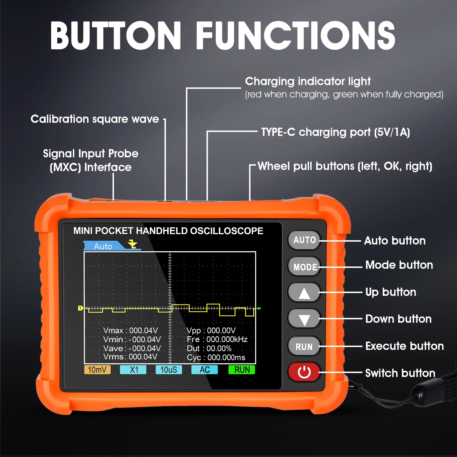Mini Digital Handheld Oscilloscope 250KHz Bandwidth 2.5MS/s Sampling Rate Type-C Rechargeable for Circuit Repair Lab Teaching