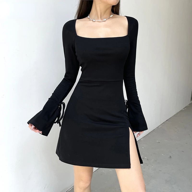 

Elegant Women Slit Mini Dress High Street Flare Sleeve Bodycon Square Collar Short Dresses Date Night Outfits Fashion