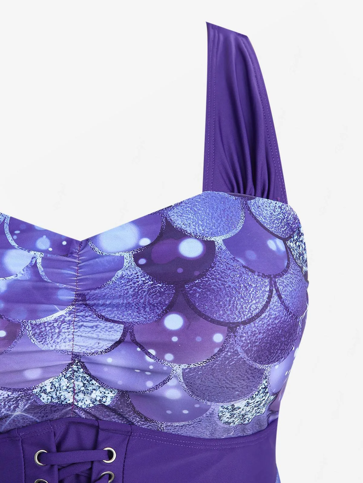 Rosegal Maiô feminino plus size com estampa sereia e renda franzida em treliça e alças cruzadas Boyleg Tankini