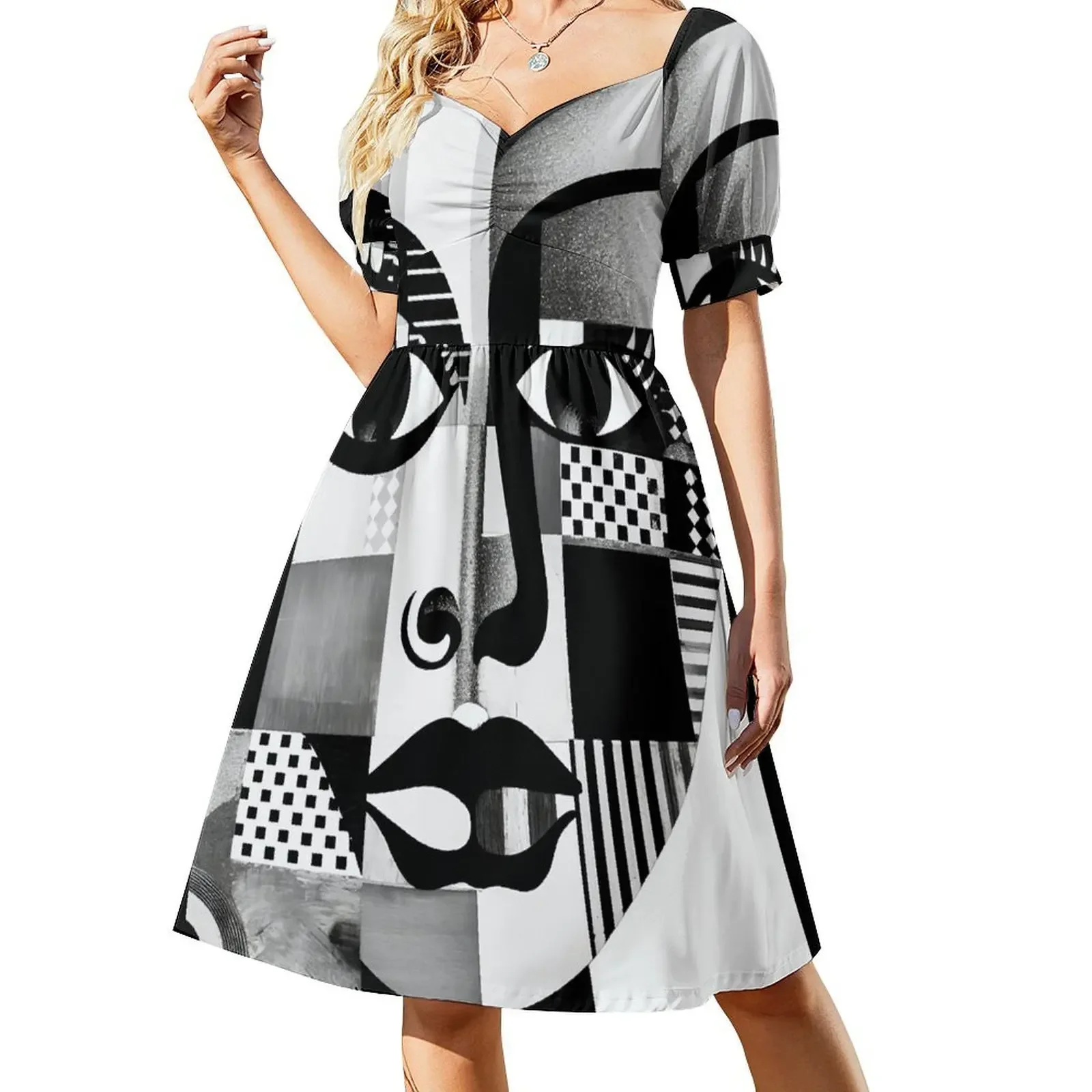 

Face Cubism Woman Painting Black and White Modern Abstract Art, Patchwork Short-Sleeved Dress Dress woman