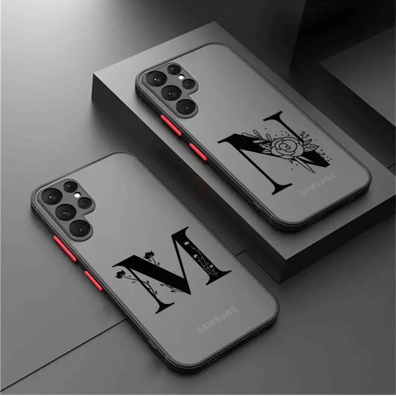 Etui Letter M N O P Q R do Samsung Galaxy S23 S21 S22 S20 FE S10 S9 Note 20 Ultra 10 Plus Matte Hard PC Cover Coque