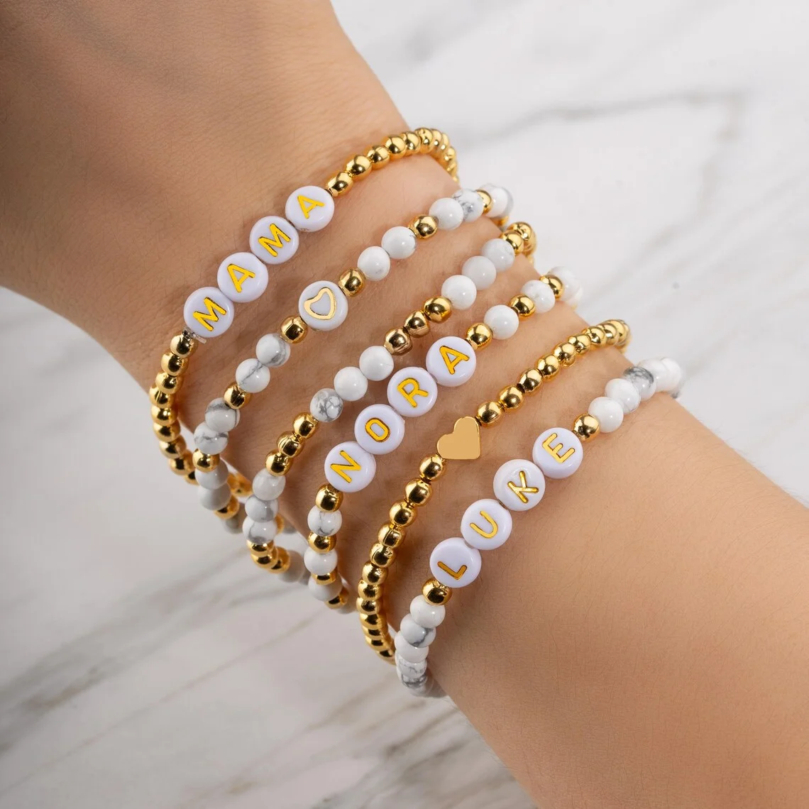 CCGOOD Personalized Custom Letter Beaded Bracelet Natural Stone Howlite Gold Plated Beads Elastic Stackable Women Jewelry Gift