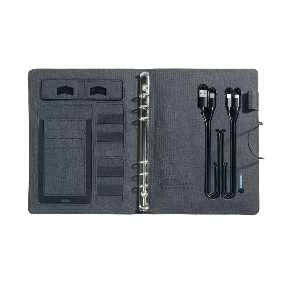 A5 Wireless Charging Notebook with Foldable Phone Stand, Linen Leather Cover, 3-in-1 Cable and Card Slots for Business Use