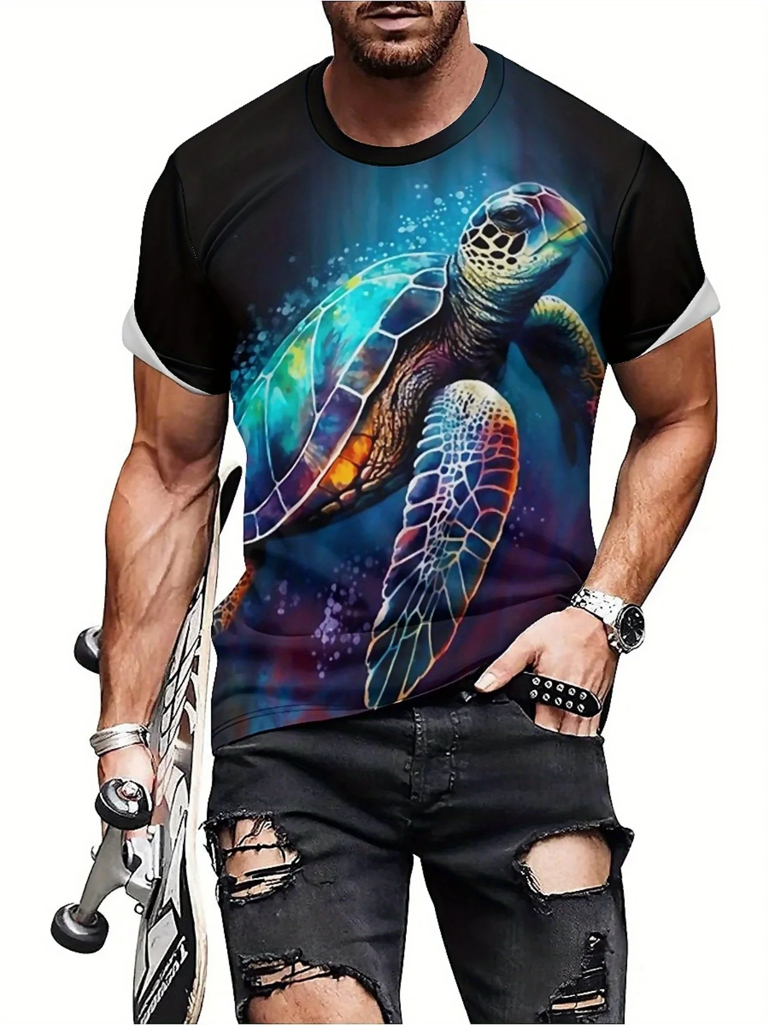 Camiseta vibrante com estampa de tartaruga marinha 3D para homens e mulheres, manga curta, gola redonda, tecido de poliéster, perfeita para viagens