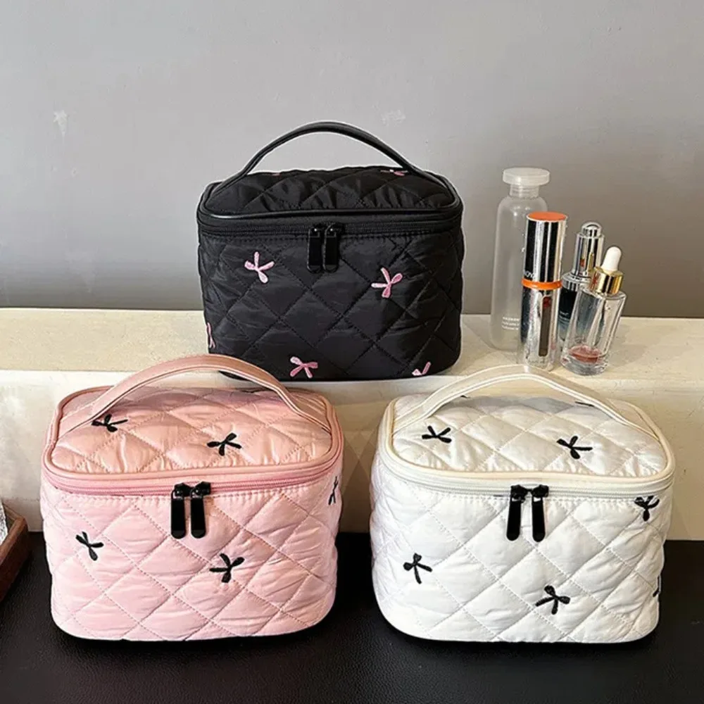 

Cloth Bow Cosmetic Handbag 3D Large Capacity Embroidered Makeup Bag Toiletry Organizer Clutch Purse Skincare Storage Pocket