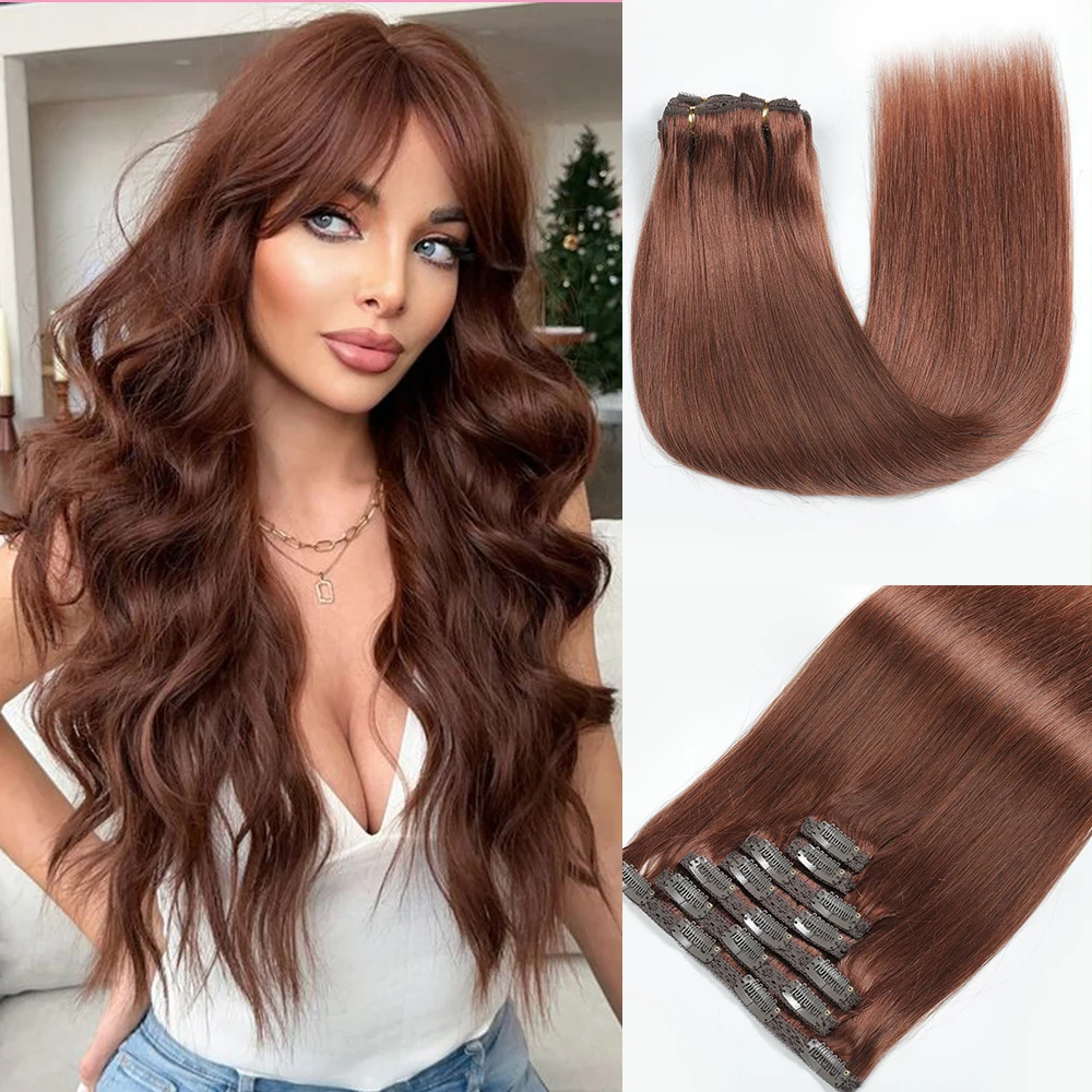 

ShowCoco Clip In Hair Extensions 7pcs/set 120g Reddish Brown 100% Remy Silky Straight Skin Weft Natural Human Hair For Women