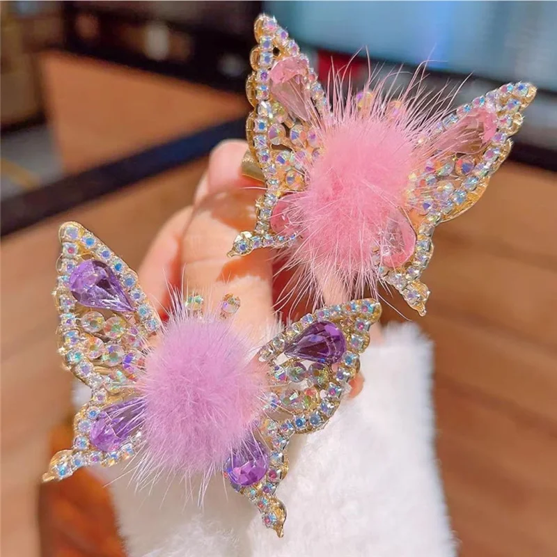 Fashion Smart Moving Butterfly Hairpin 3D Hair Clip Plush Ball Rhinestone Sparkling Headwear Hairgrip Cute Girl Hair Accessories