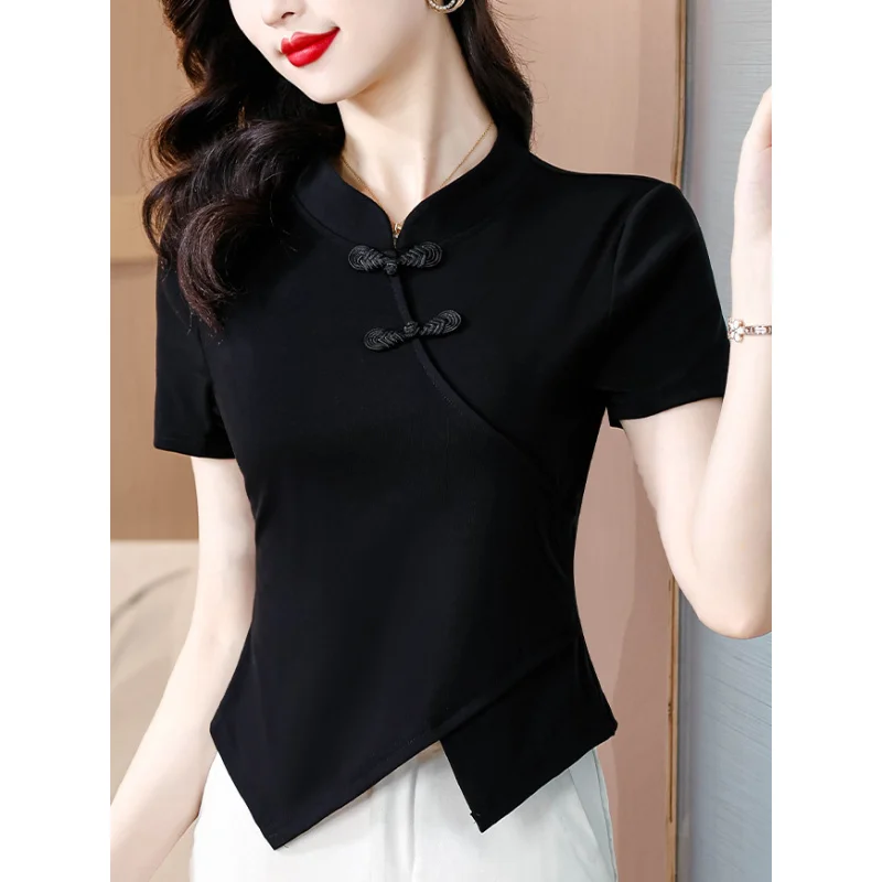 

New 2024 Summer new short sleepted Chinese style WOMEN'S T-shirt fashion casual irregular slit black knapsack tops