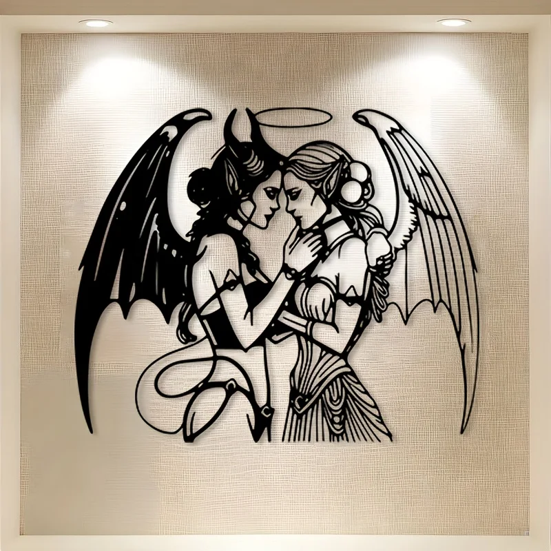 Gothic Angel Devil Metal Wall Art Sculpture, Bedroom Home Decor for Valentine Halloween Christmas