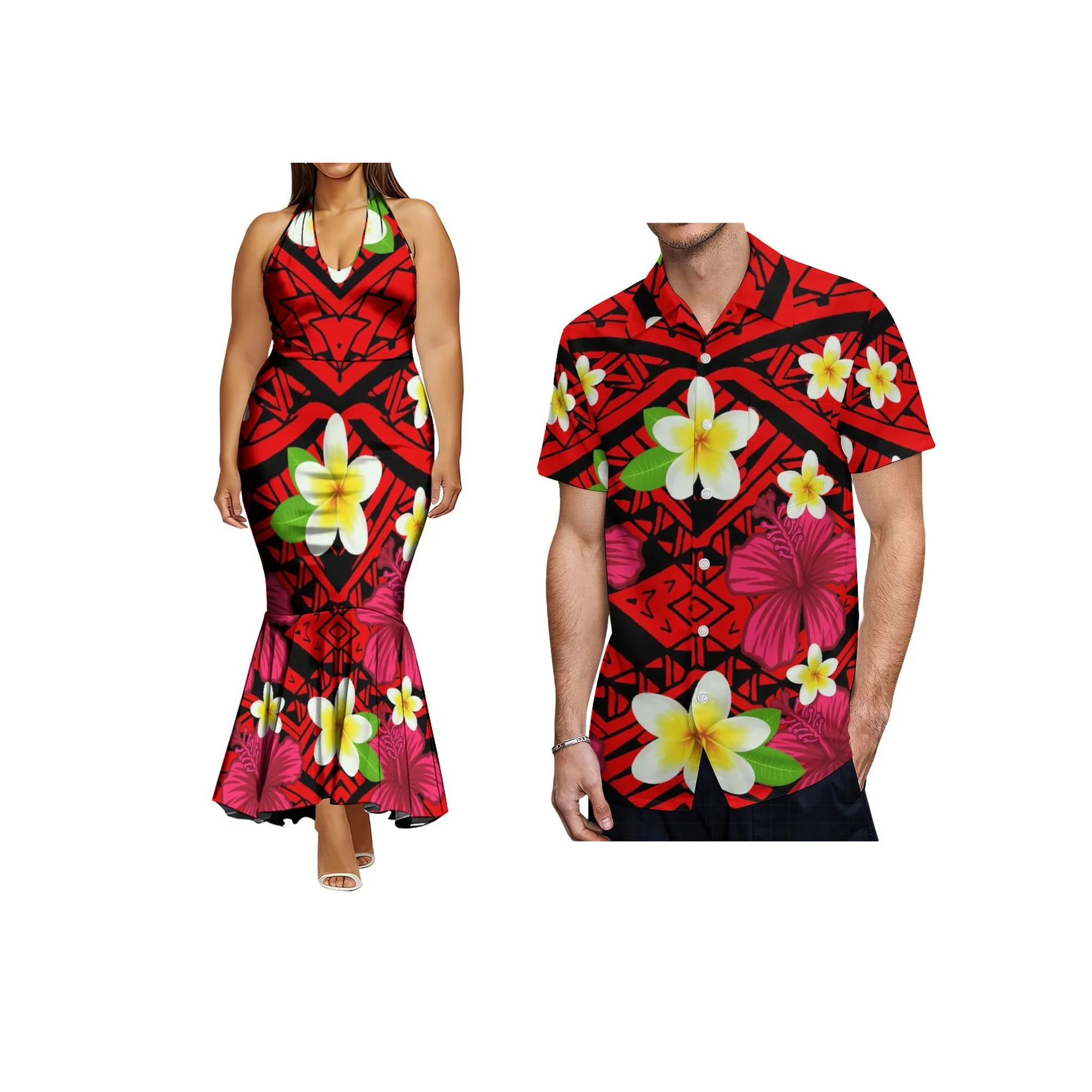 رائجة البيع Bodycon حورية البحر فستان الرسن مباراة حجم كبير ألوها الرجال قمصان صيفية الجانب سستة فساتين مخصص زوجين الملابس 2 قطعة