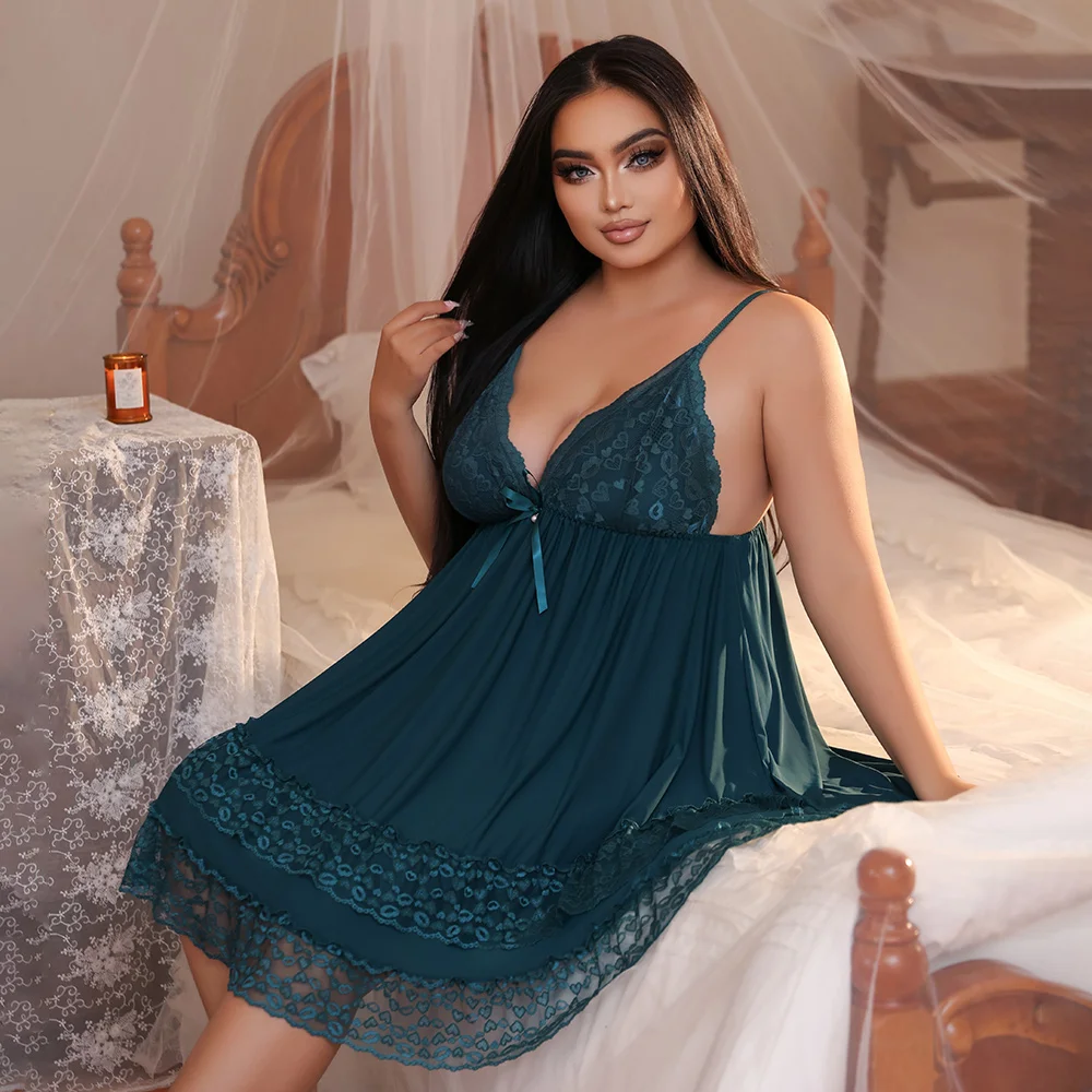 Plus Size Teal Lace Babydoll Lingerie Dress - Sexy V-Neck Spaghetti Strap Nightgown, Sheer Mesh Sleepwear for Curvy Women view 5