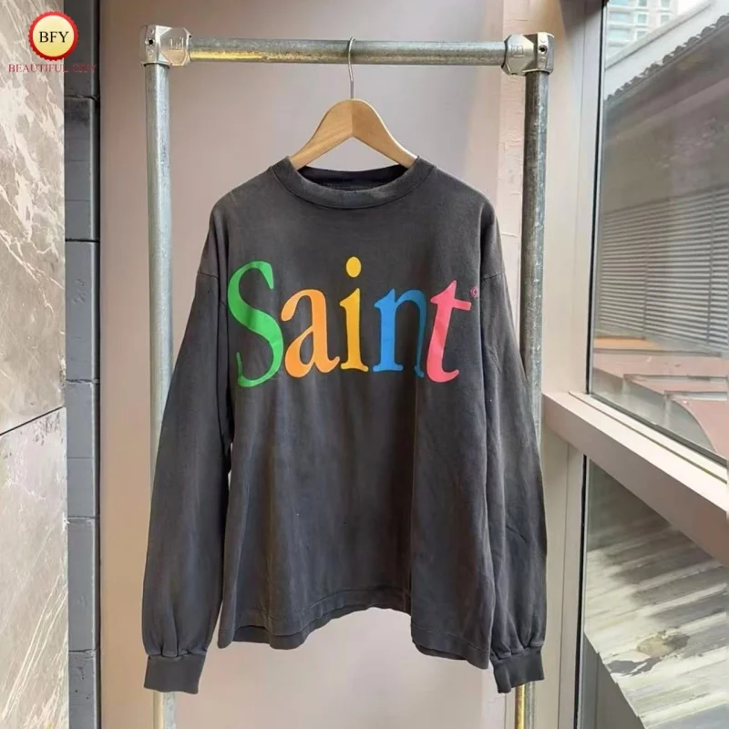 

SAINT 25SS 100% хлопок с рисунком буквенного принта Ретро футболка с длинными рукавами 1:1 Минималистичная повседневная футболка свободного покроя