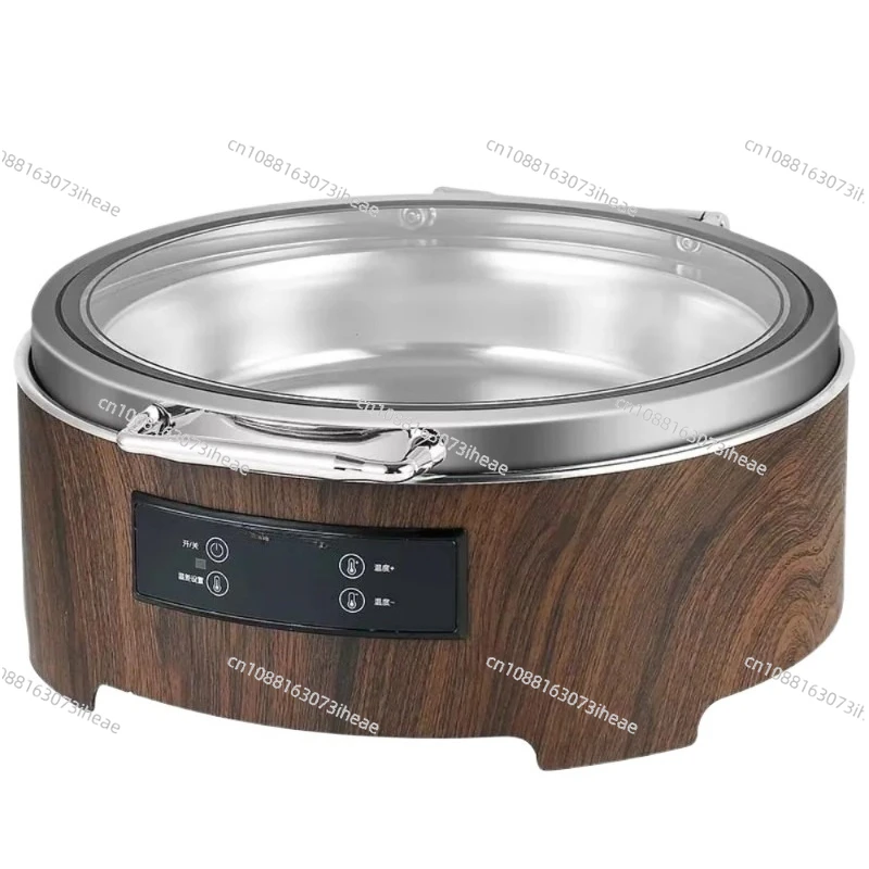 Economic Stainless Steel Wood Grain Round 6L Hydraulic Glass Lid Electric Smart Chafing Dish Remote Control Buffet Food Warmer