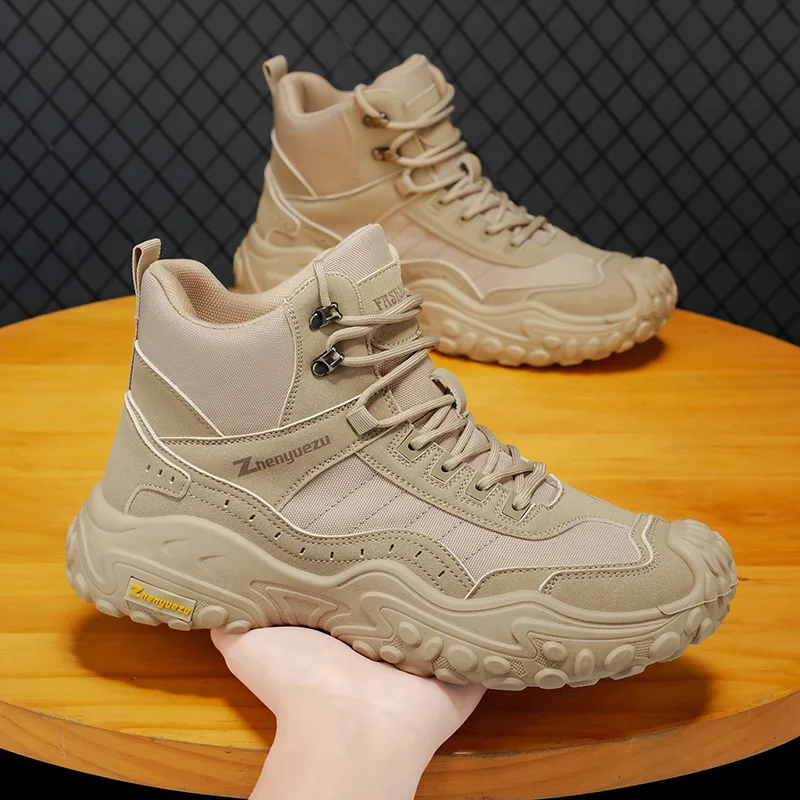 Autumn New Plus Size High Top Men's Shoes, Outdoor Casual Sports Work Boots, Comfort Thick Sole Trendy Versatile Hiking Shoes