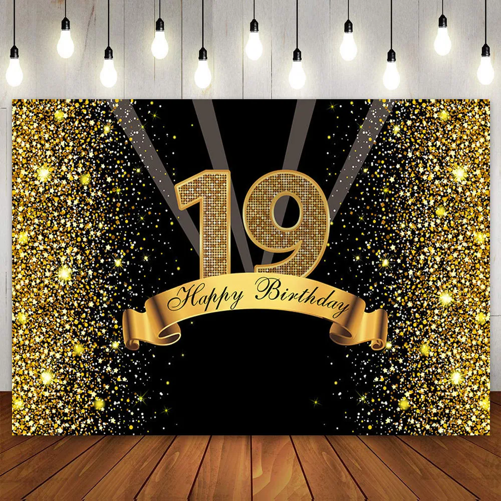 

Happy 19th Birthday Party Decoration Backdrop Black and Gold Star Photo Photography Background for Aldult Men Women 19 Years Old