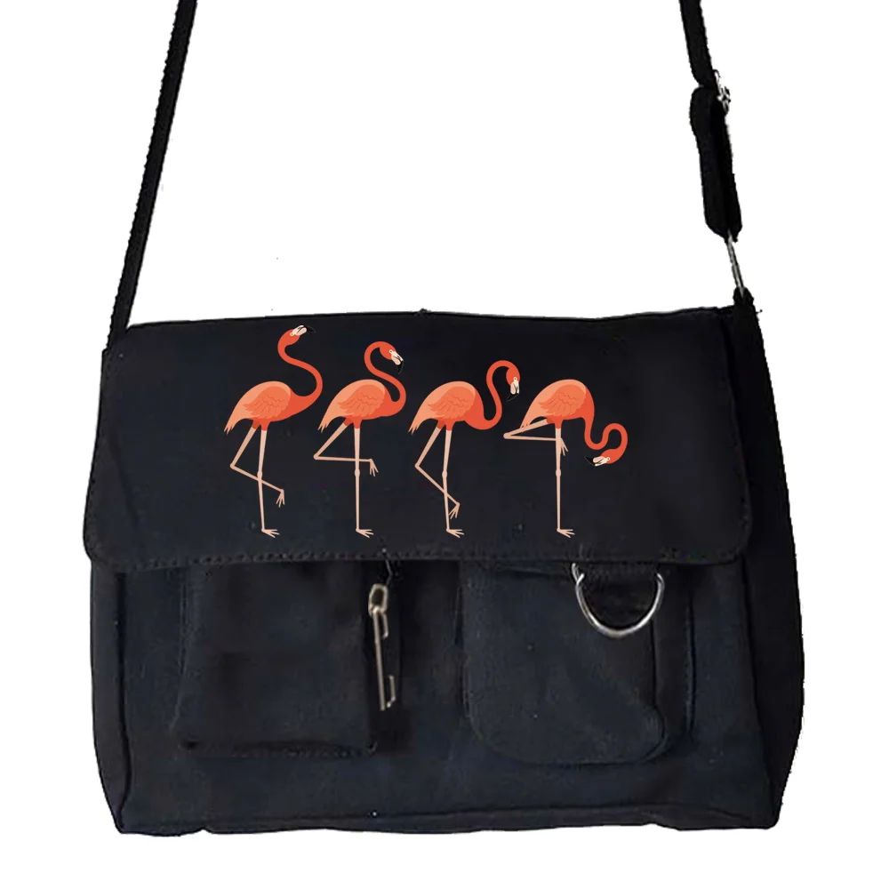 Women Canvas Shoulder Bags Youth Fashion Casual Handbag Ladies Large Capacity Crossbody Bag Flamingo Pattern Messenger Bag