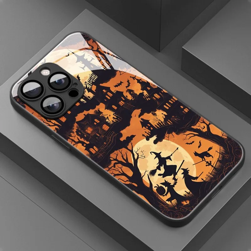 

Cute Spooky Pumpkin Pattern Tempered Glass Phone Case For iPhone 17 Pro Max 16 15 14 13 12 11 17Air 16E 7 8 Plus XR XS X Cover