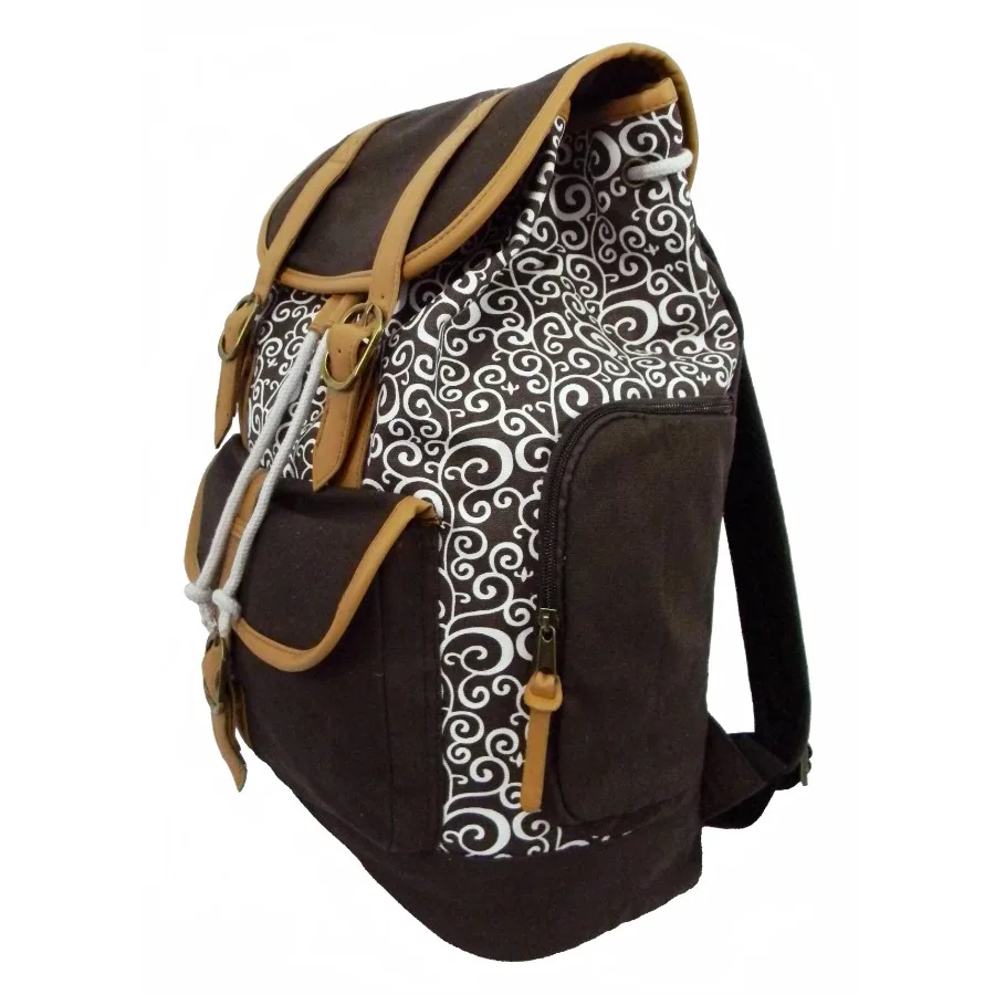 Cotton Travel Backpack Adult Canvas Daypack 15 in Student School Laptop Bookbag Brown Paisley