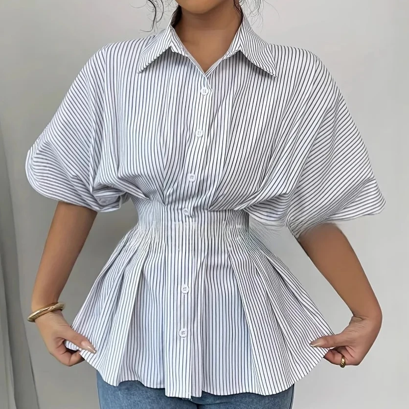 

Fashionable Striped Casual Shirt Women's Spring Summer New Style Versatile Ice Silk Polyester Fabric