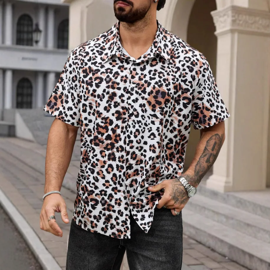 Men's Short-sleeved Shirt 2026 Summer New Four-sided Elastic Leopard Print Light Change Printing Shirt Men's