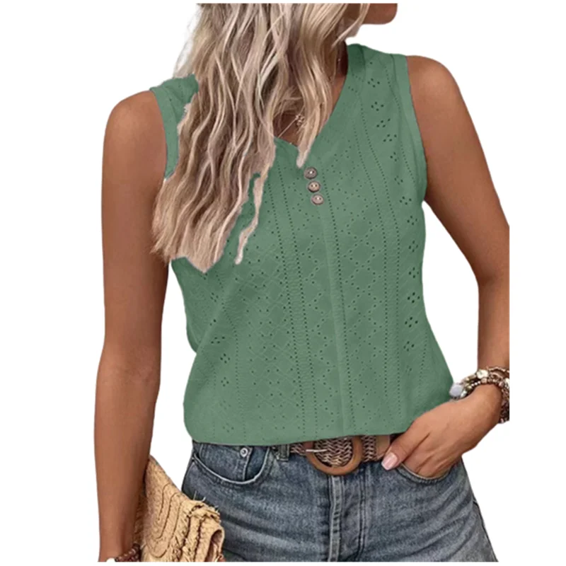 2023 Women Blouses Summer Sexy Tank Hollow V-Neck Button Loose Shirts Elegant Sweet Casual Sleeveless Solid Color Oversized Tops