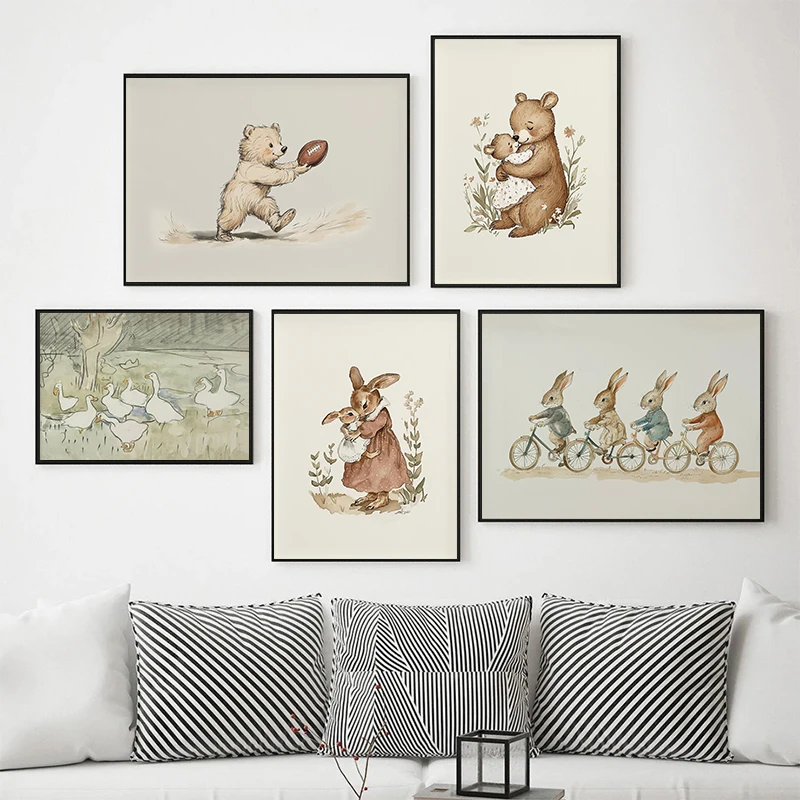 Retro funny Animals playing Sports Bunnies swan Cartoon Illustration Posters Canvas Painting Wall Pictures Home Girls Room Decor