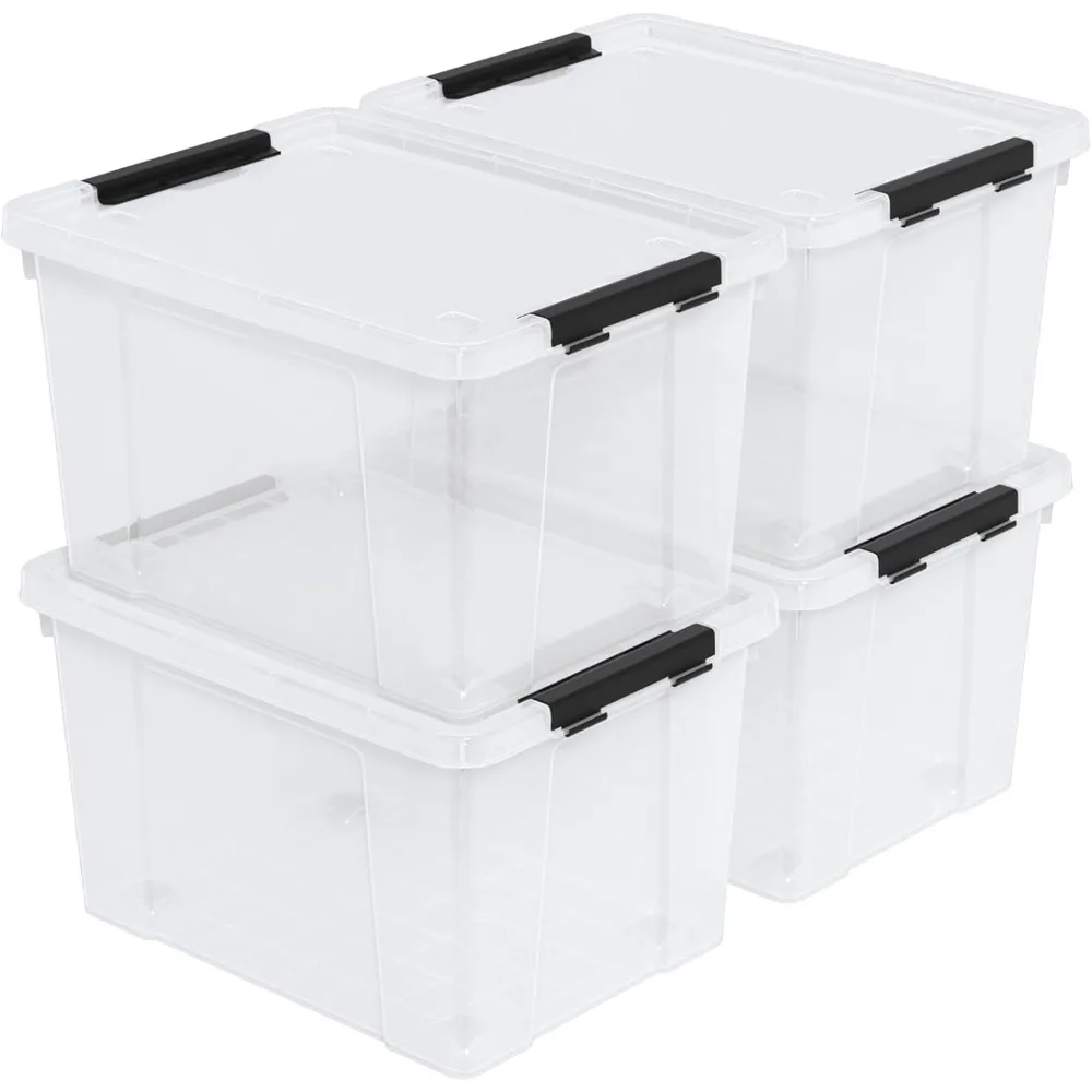 50 Quart Large Plastic Storage Box with Wheels, Clear Lidded Storage Bins, 4 Pack