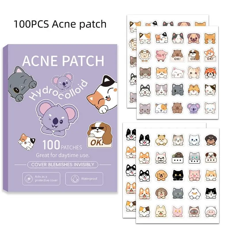 100 Patches Cat Shape Pimple Patches Colorful Hydrocolloid Pimple Healing Sticker Cute Strong Absorption Zit Patches Face Care