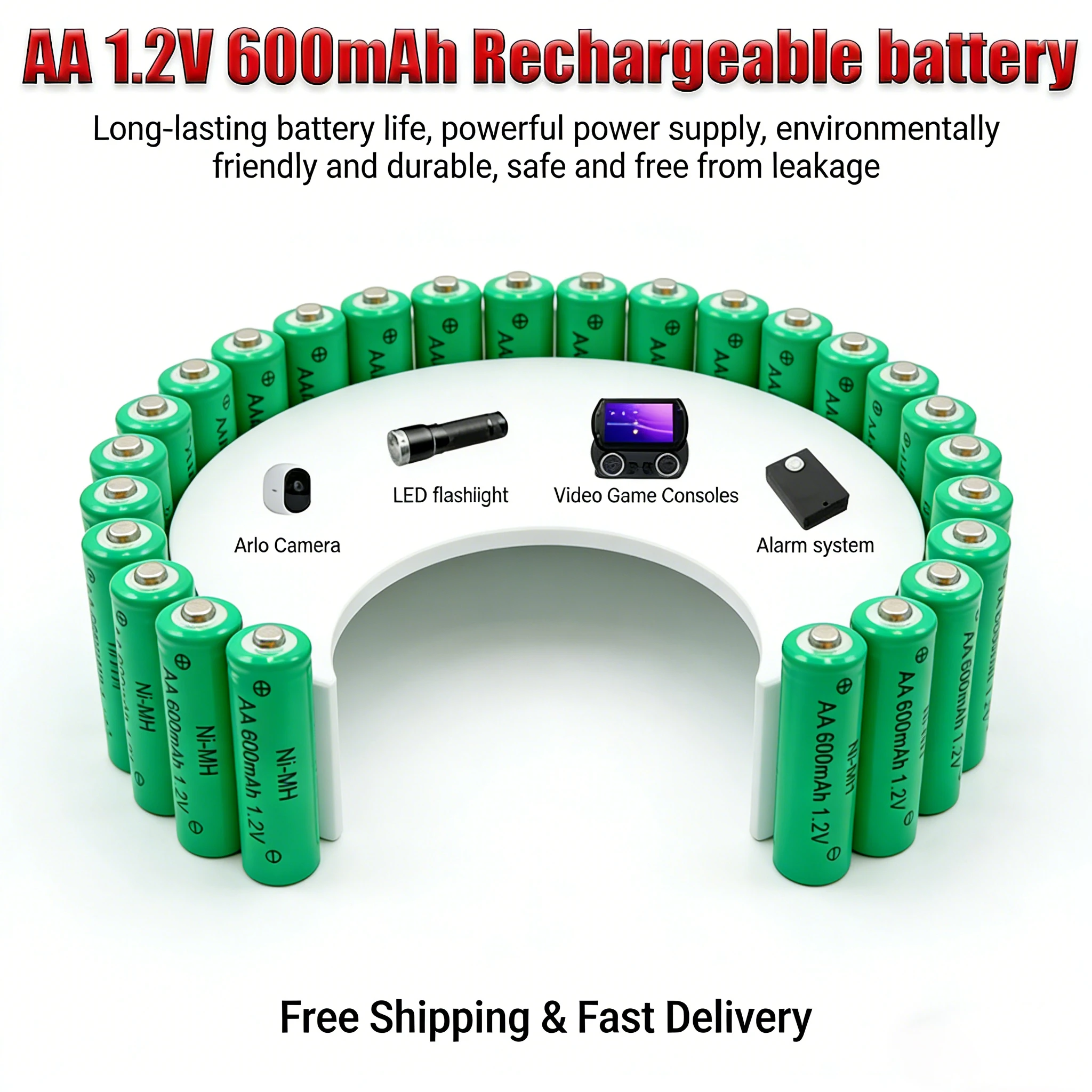 

AA 1.2V Rechargeable Batteries 600mAh NiMH Replacement Cell for Cordless Phone, Microphone, MP3 Player, Alarm Clock