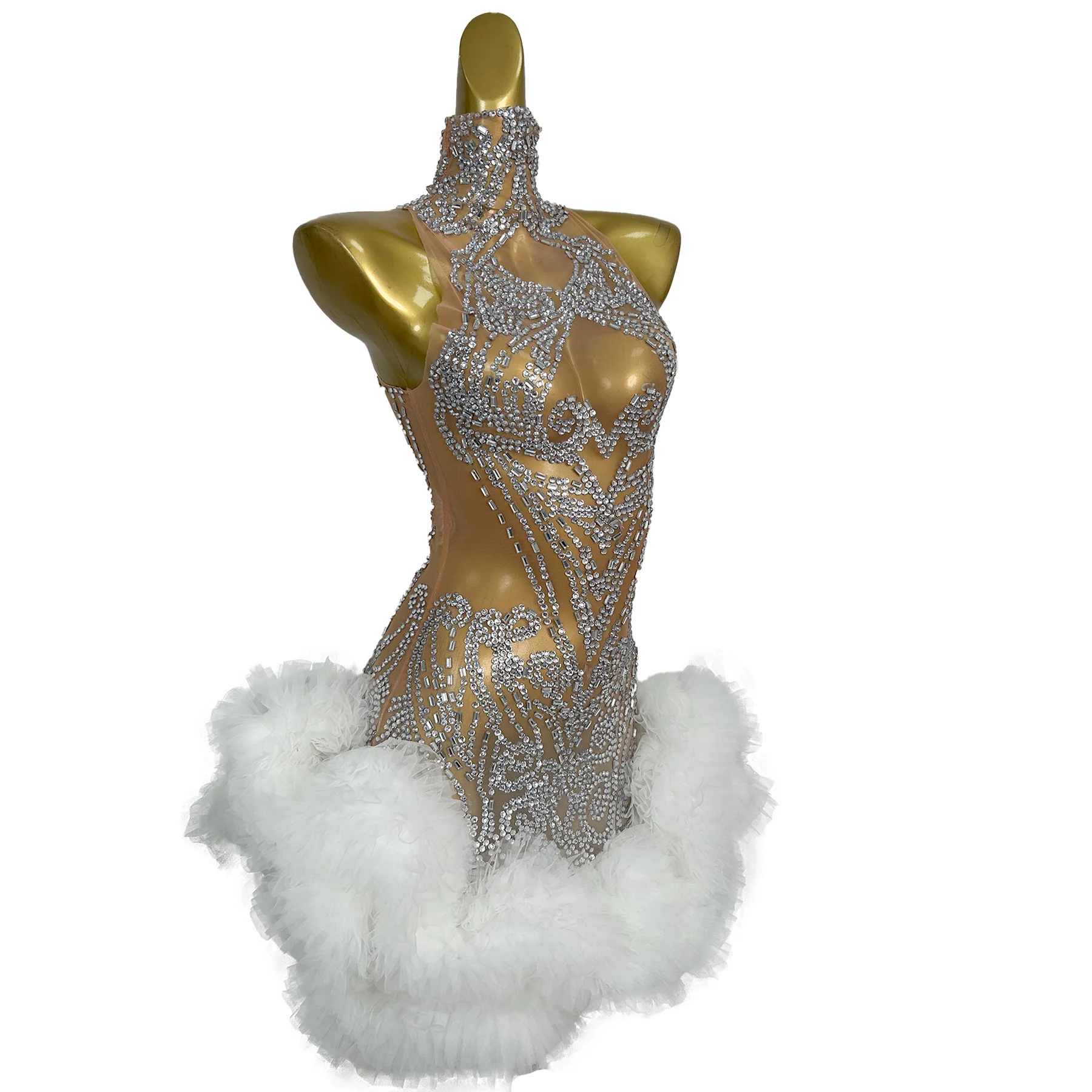 

Xingyun Women Evening Dress Skin Tone Transparent Mesh Splicing White Mesh Fluffy Skirt Birthday Cocktail Dinner Princess Dress