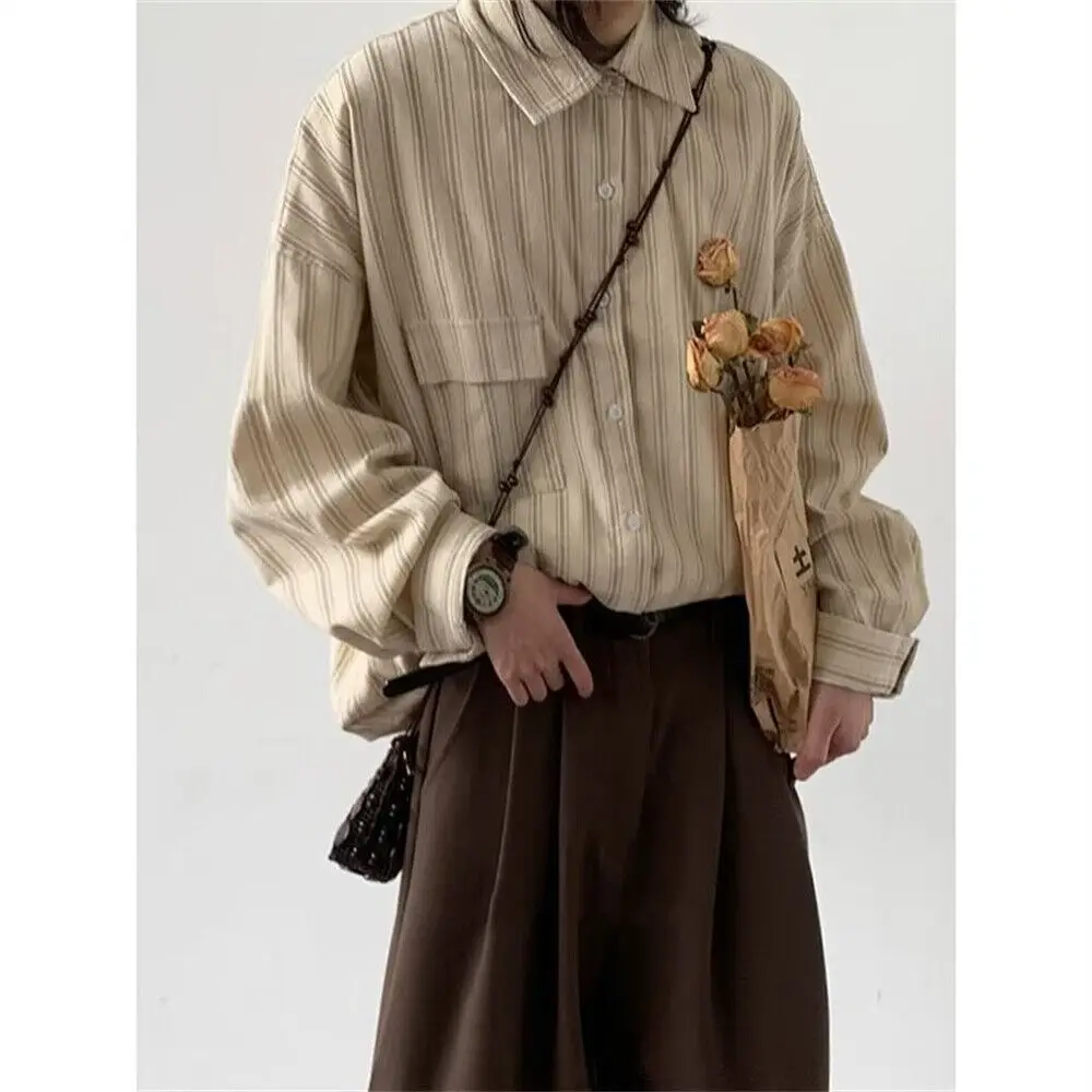 Spring and Autumn Japanese Retro Loose Casual Fine Striped Long Sleeve Shirt College Style for Men and Women