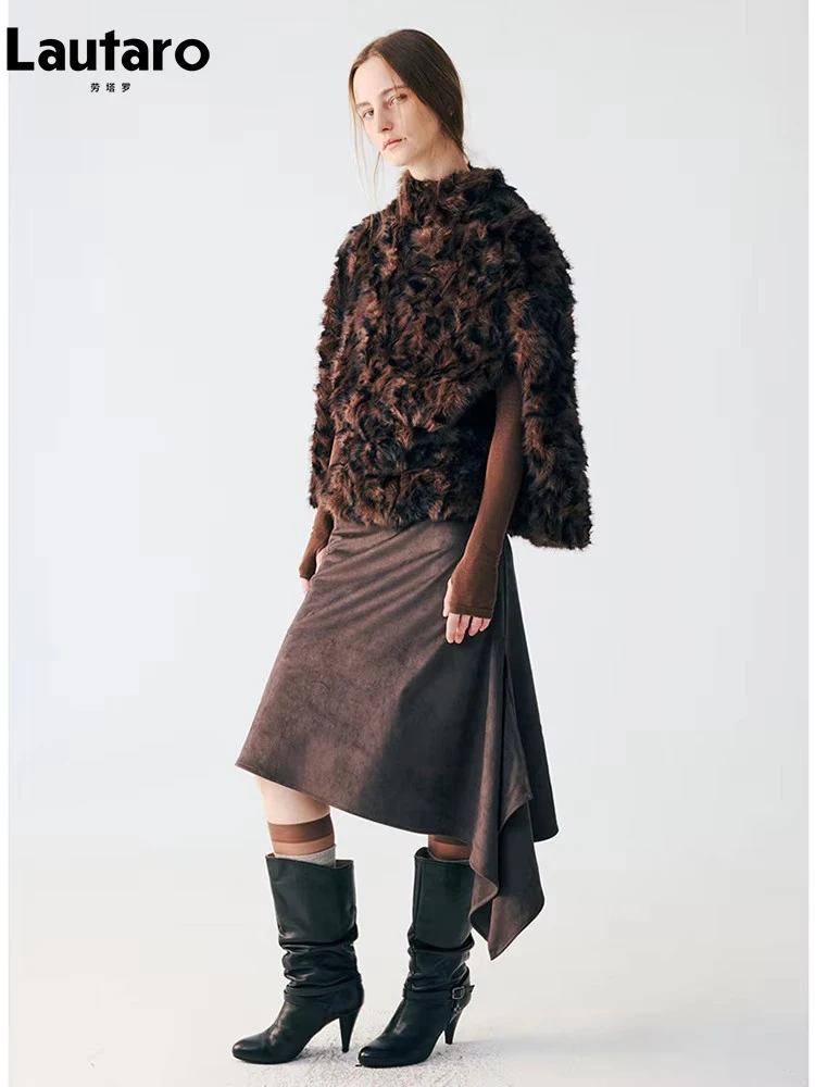 

Женская элегантная роскошная шикарная пушистая куртка-накидка Lautaro из искусственного меха с леопардовым принтом, двусторонняя, теплая, короткая, осенне-зимняя
