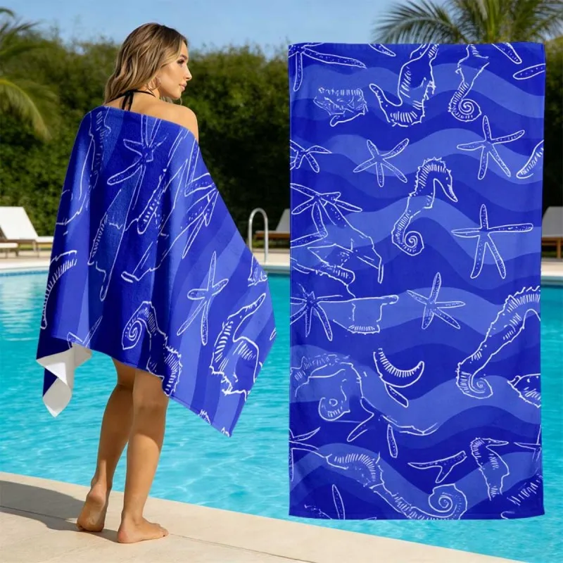 Boho Evil Eye Symbol Style White Background Blue Evil Eye Star Feather Heart Repeat Print Quick Dry Vacation Beach Towel
