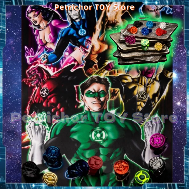 

Genuine DC Green Lantern Full-Color Adjustable Stainless Steel and alloy Ring 9-Piece Set With Box，Movie Merchandise Boy Gift