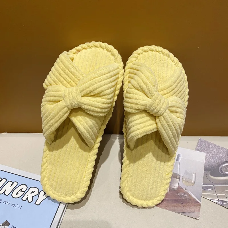 Women Fashion Corduroy Cross Slippers Cute Butterfly-Knot Home Slides Flat Indoor Floor Flip Flops Outdoor Casual Ladies Slipper