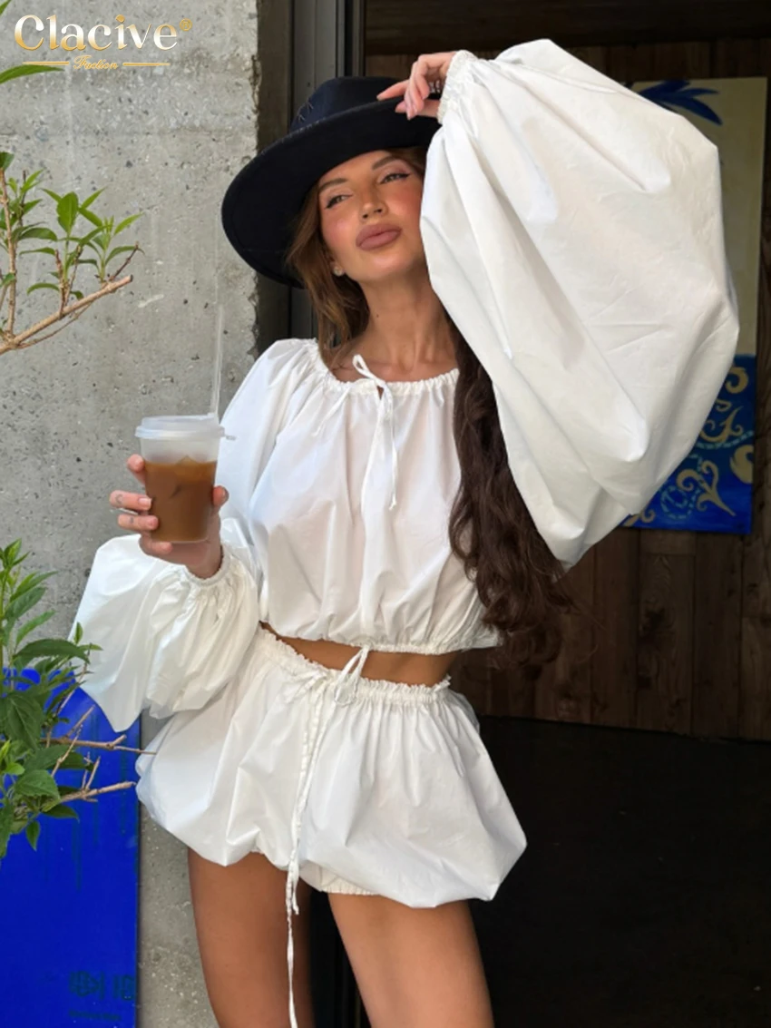 

Clacive Fashion Loose White Cotton Women's Two Pieces Set 2025 Casual Long Sleeve Crop Top With High Waist Shorts Set Female
