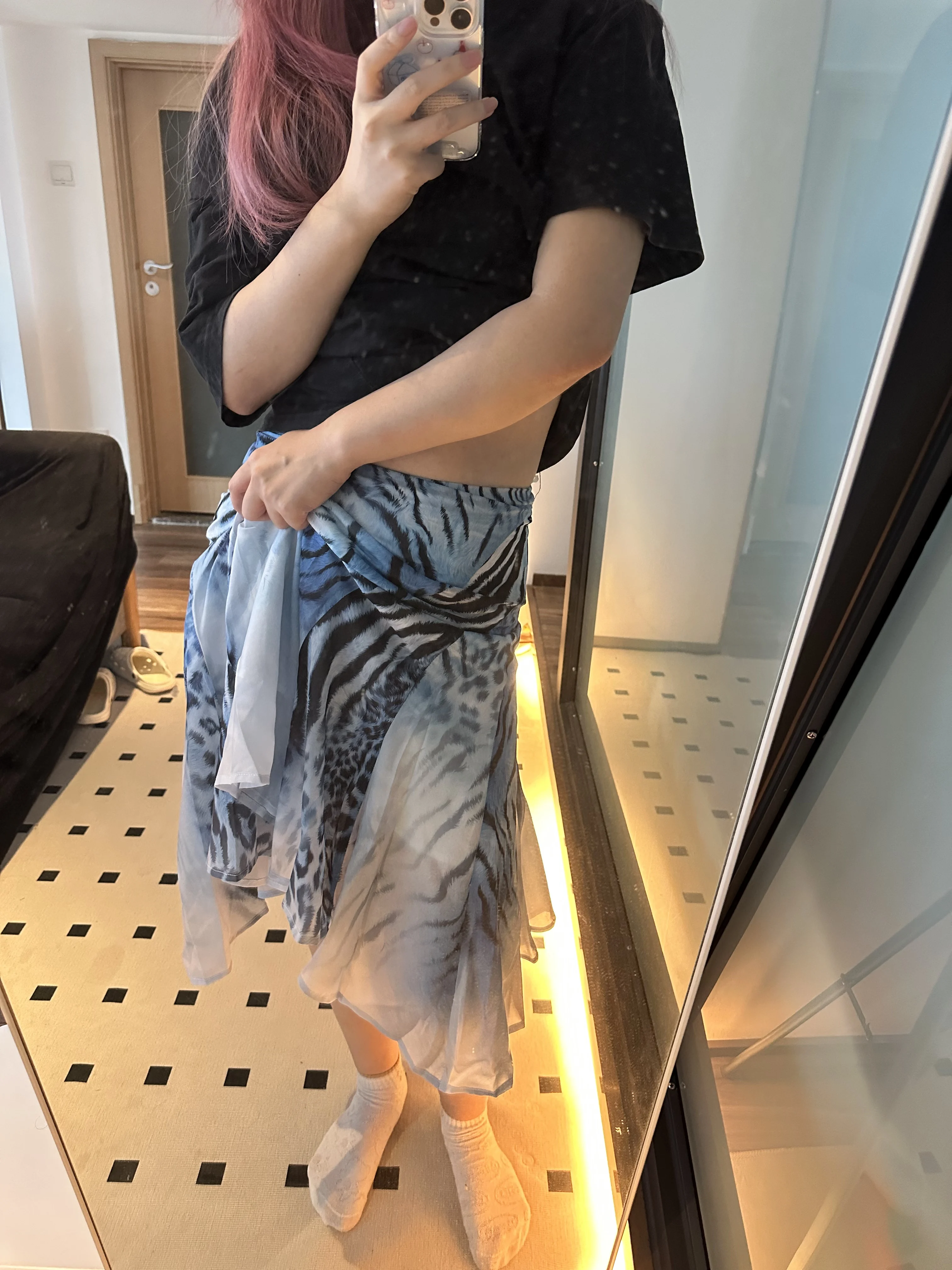 Blue Leopard Print Patchwork Midi Skirt Women's Summer Casual Asymmetrical Half-length Skirts City Commuting Daily Travel