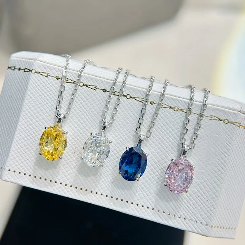 

S925Silver Oval Egg-Shaped Artificial Diamond Pink Yellow Blue and White Seiko High-Grade Necklace Simple Clavicle Chain