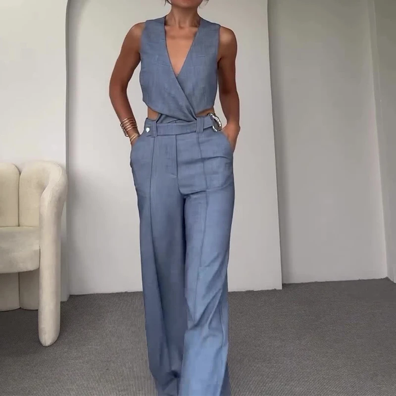 

Ladies Sexy V-neck Sleeveless Top + Pants Suit Fashion Temperament Slim Two Piece Set Elegant Pocket Solid Color Straight Outfit