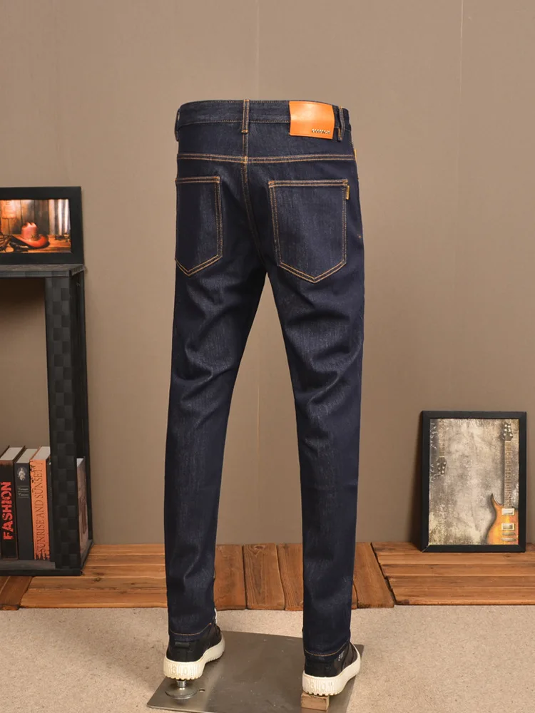 New All-Match Primary Color Jeans Men's Slim Straight Four-Side Elastic High-End Washed Casual Work Classic Men's Pants