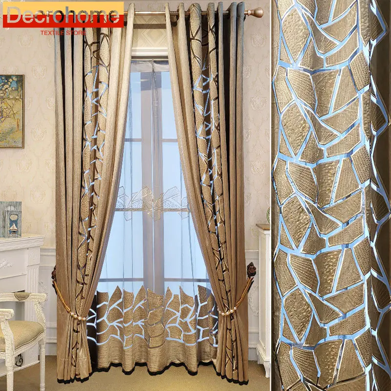 

Europe American Luxury Geometric Curtains for Living Dining Room Bedroom Hollow Embroidery Duplex Building Window Curtain