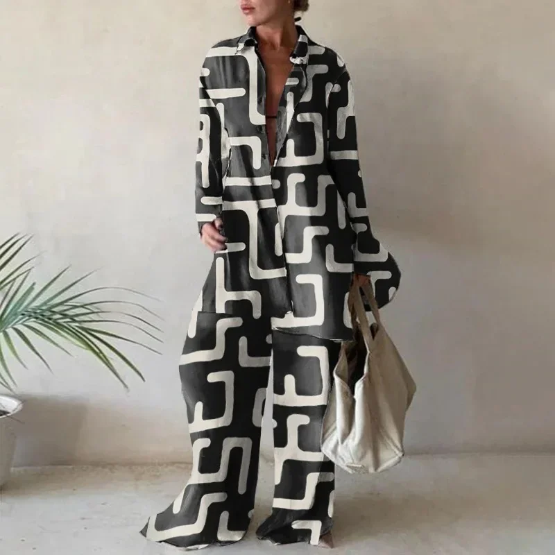 Loose Long-sleeved V Straight Pants, Dresses, Travel and Leisure Vacations European and American New Printed Suits