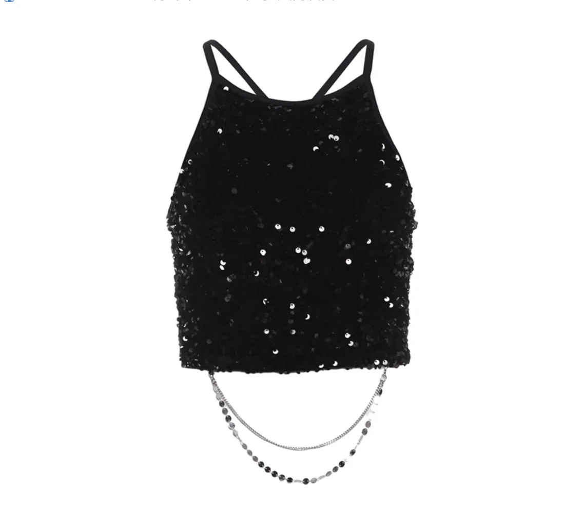 

Стильный укороченный топ с пайетками и блестящей цепочкой, женский нижний слой гардероба.
