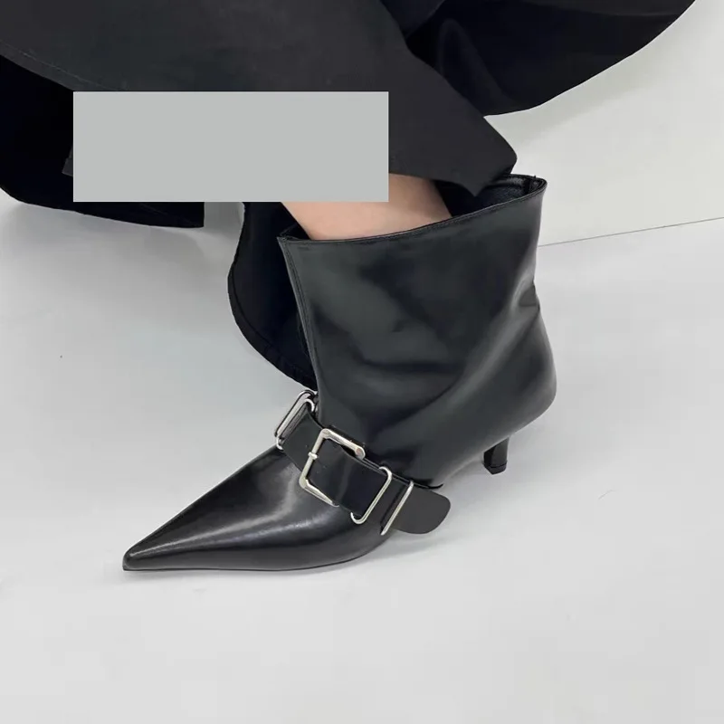 Botines de tacón fino de Otoño Invierno para Mujer, botas cortas de cuero Pu blanco y negro para Mujer, Botines para Mujer