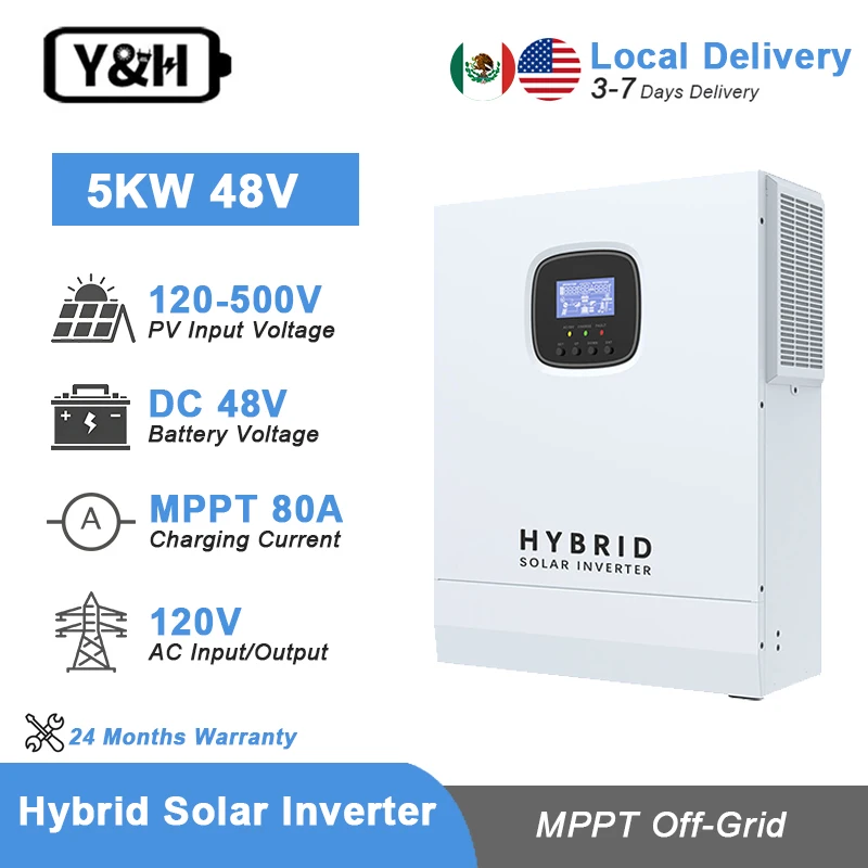 

Гибридный инвертор Y&H 5 кВт, 120 В, 48 В, чистая синусоида, автономный инвертор, 80 А, MPPT, солнечный контроллер, максимальная мощность входа PV, 6000 Вт