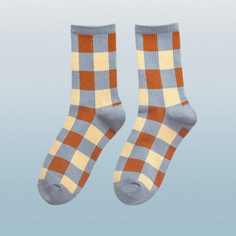 5/10 Pairs Blue Plaid Socks Women Autumn And Winter Mid-tube Socks Cream Striped Cotton Socks British Style Socks