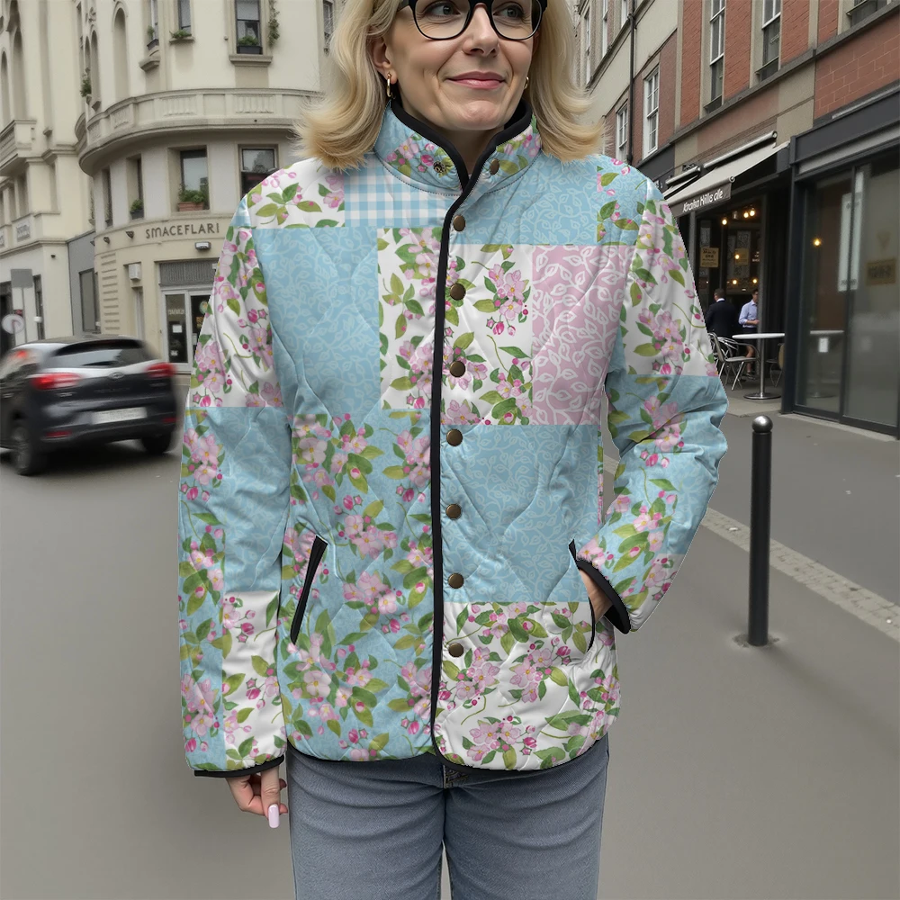 Women Trendy Patchwork Quilted Jacket Multi-Pattern Floral Gingham Design Stand Collar Brown Button Coat for Autumn Winter Wear