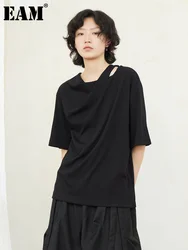 [EAM] Women Black Irregular Hollow Out Big Size T-shirt New Round Neck Short Sleeve Fashion Tide Spring Summer 2024 1DF9081